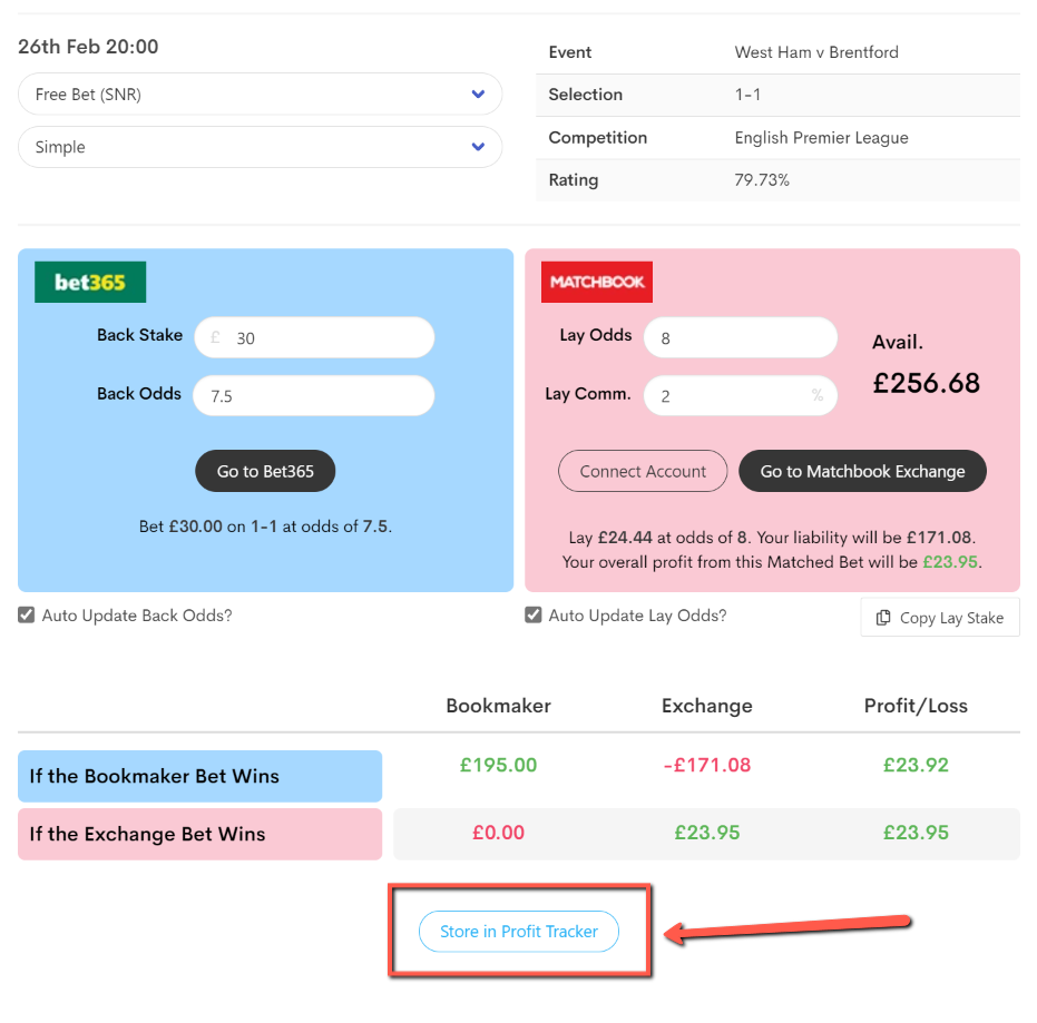 'store in profit tracker' hihglighted on the Outplayed matched betting calculator